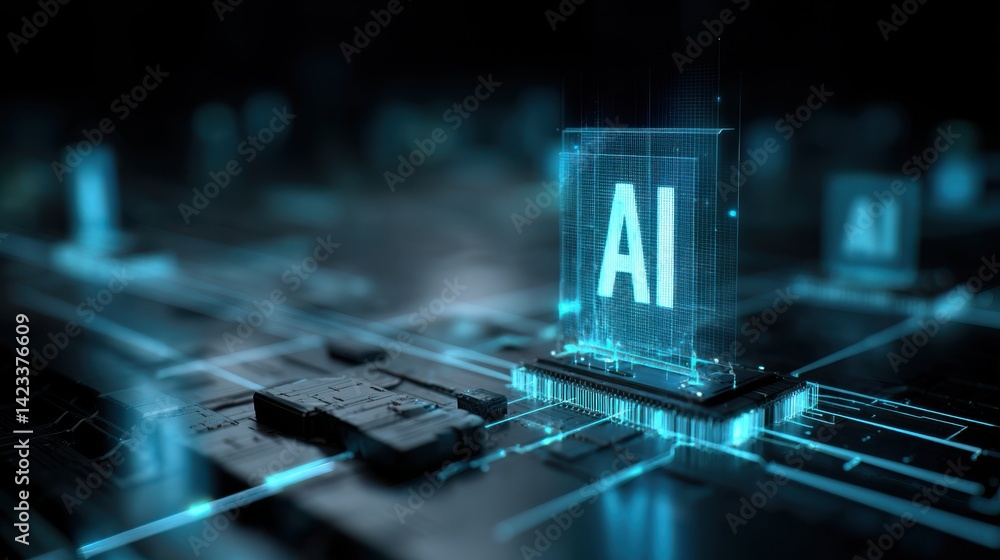 Aufkleber realistic hologram of ai processing data in a virtual space, blue glow on dark background, ai data p