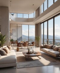 Fototapeta premium Luxury condo's breathtaking vista, sunlit interior design , building, exclusive