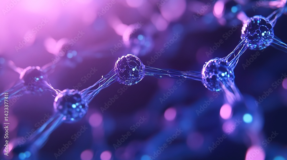 Poster abstract molecular structure purple blue neon glowing network science technology art data node link