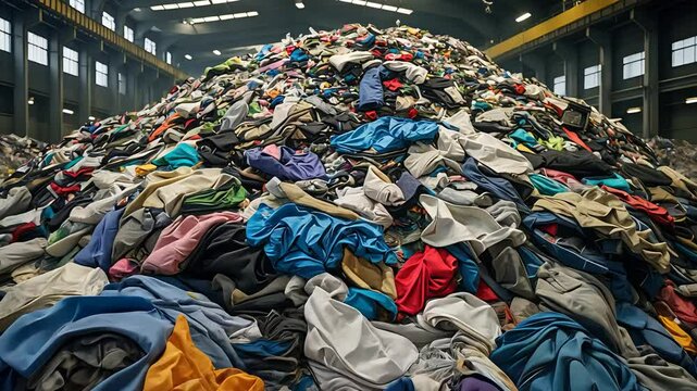 Massive pile of discarded clothes inside an industrial warehouse, showcasing textile waste and fabric accumulation in large quantities

