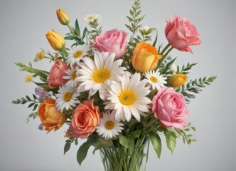 Vibrant watercolor floral bouquet; summer roses, daisies, tulips,  painting,  bloom,  image