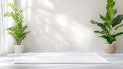 Empty white display surface with plants and natural light
