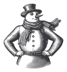 Detailed Black and White Engraving of a Snowman with Scarf and Hat