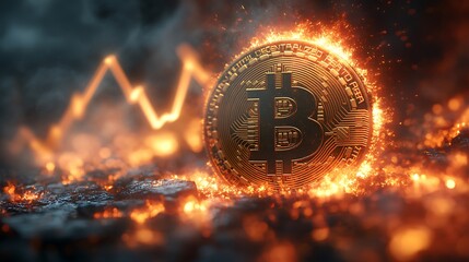 Fiery bitcoin symbol with financial growth chart glowing in vibrant background.