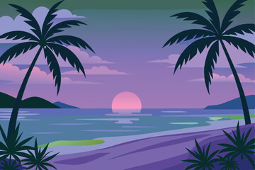 Obraz premium Tropical beach at sunset with palm trees, vector illustration.