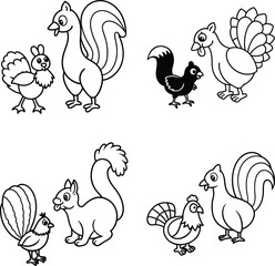 Cartoon squirrel and turkey outline illustrations for coloring pages and educational resources