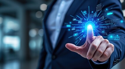 A businessman interacts with a digital interface, showcasing futuristic technology with a bright, glowing touchpoint.