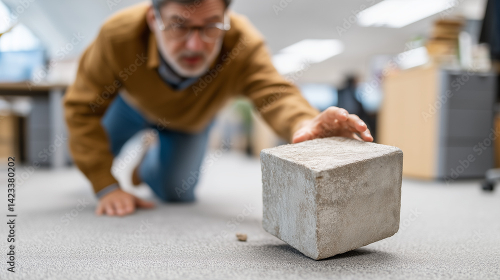 Poster unexpected encounter: an individual interacts with an imposing concrete cube in an indoor setting. t
