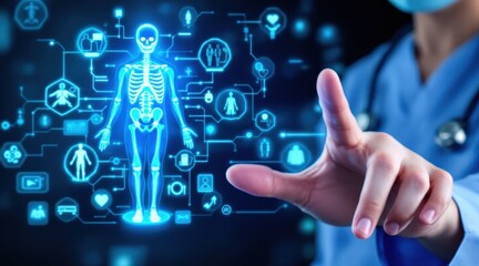 A healthcare professional interacts with a digital representation of a skeleton, surrounded by various health-related icons and data visualizations.