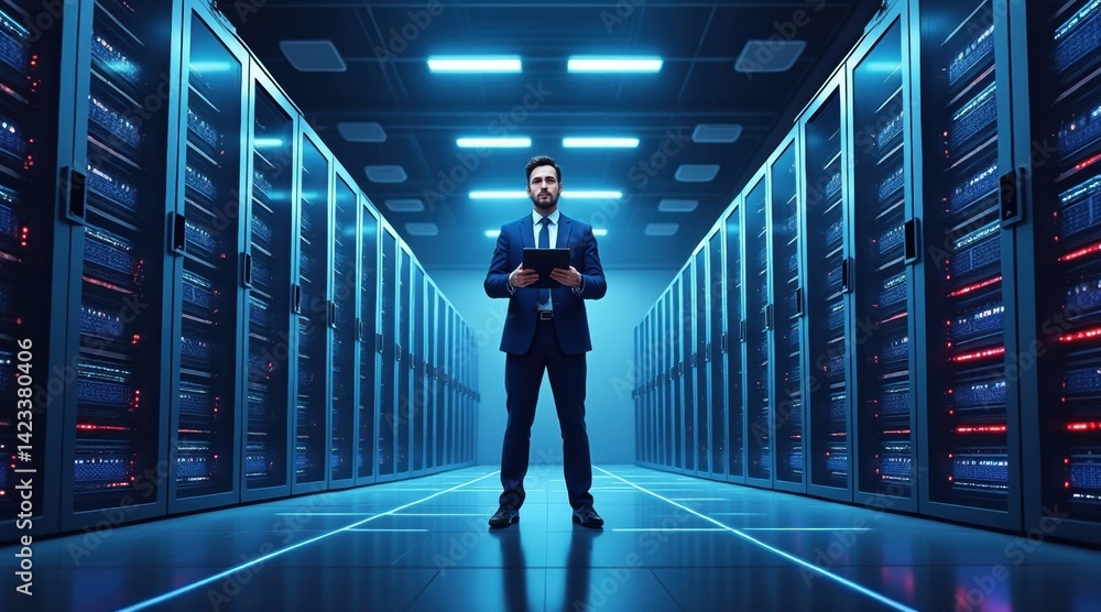 Poster a professional standing in a server room, surrounded by rows of server racks, illuminated by blue li