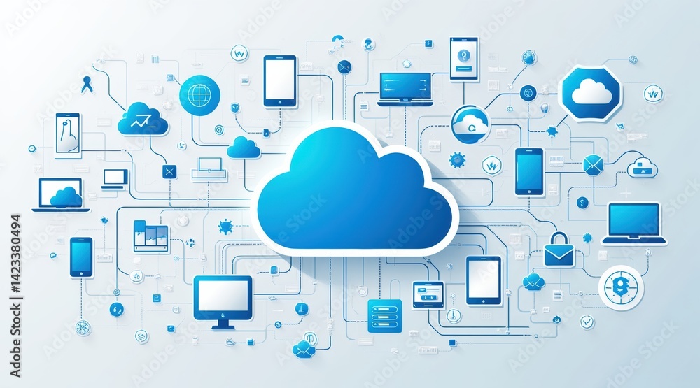 Poster a visually appealing illustration of cloud computing, featuring icons of devices and connections, sy