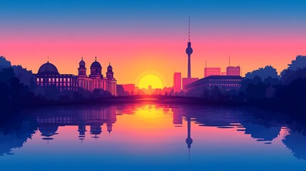 Flat minimalist composition of Berlin landmarks along Spree River, silhouette of Reichstag and TV Tower reflecting in water, soft gradient sky, vector simplicity with clean negative space, hd quality,