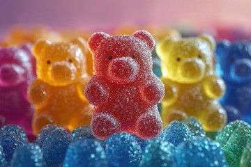 Colorful gummy bears in a whimsical candy land full of sugary delight and mesmerizing textures