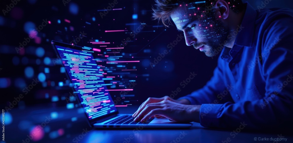 Poster a focused individual works on a laptop surrounded by colorful digital data streams, embodying techno