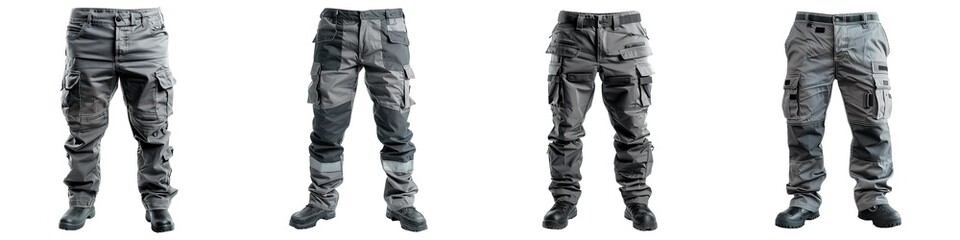 Fototapeta premium Set of Grey Tactical Construction Work Pants with Multiple Utility Cargo Pockets and Reinforced Knees Isolated on Transparent Background