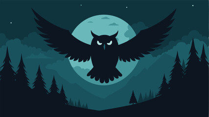 Silhouette Of Giant Owl Flying Over Moonlit Forest