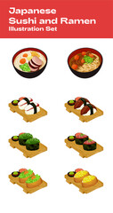 A colorful and tasty illustration of ramen and sushi traditional Japanese food