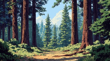 Pixelated forest path leading to a mountain vista.