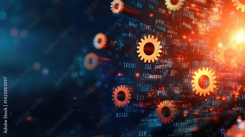 Poster concept of big data and automation with gear wheels and binary numbers on tech background
