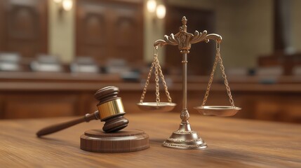 Gavel and scales of justice on wooden table