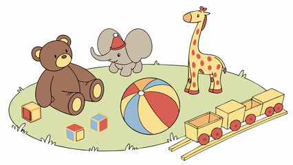 A variety of children toys are arranged on green grass, featuring a plush bear, an elephant, a giraffe, a colorful beach ball, and wooden blocks, creating a fun play area for kids