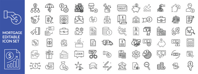 loan line icons. Mortgage, credit, debt, tax etc. Editable stroke Big Set 