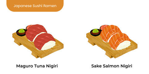 A colorful and tasty illustration of ramen and sushi traditional Japanese food