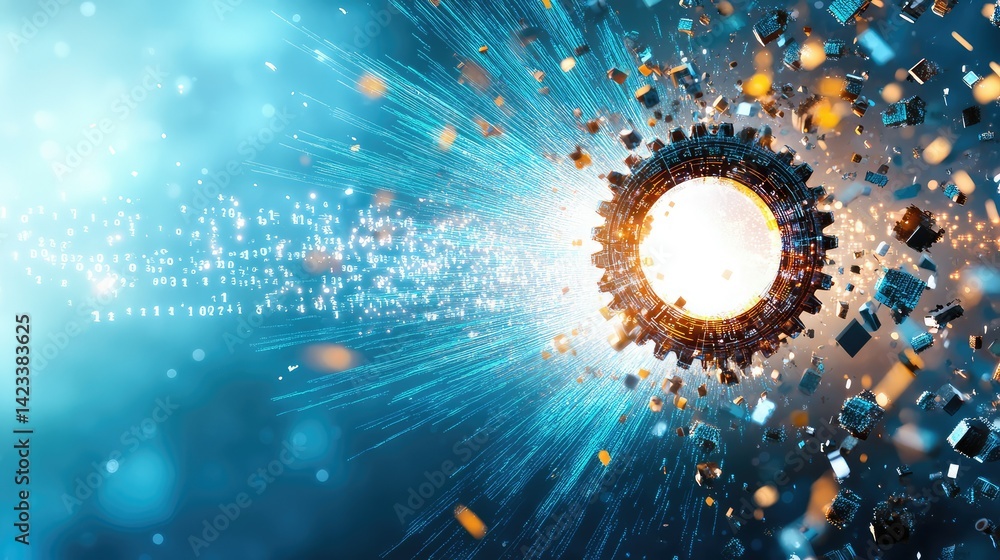 Poster futuristic abstract background with rotating gear wheels and binary code streams in digital blue