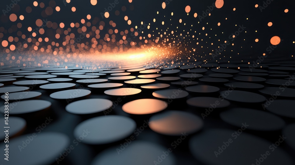 Poster futuristic digital grid of plates and particle motion in sleek minimalist dark tone