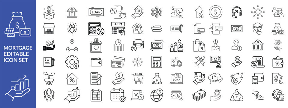 loan line icons. Mortgage, credit, debt, tax etc. Editable stroke Big Set 