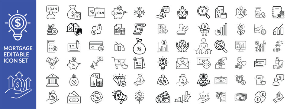 loan line icons. Mortgage, credit, debt, tax etc. Editable stroke Big Set 