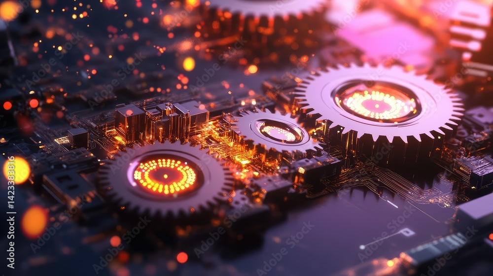 Poster futuristic schematic of interlocking gears and glowing circuit data elements on dark backdrop