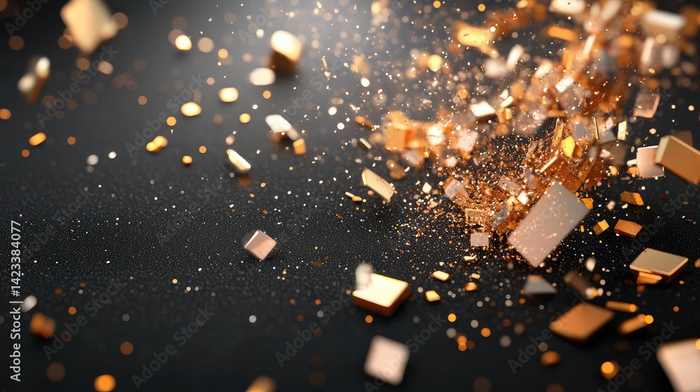Poster minimalist abstract 3d tech scene with scattered metallic fragments and particle lights on black