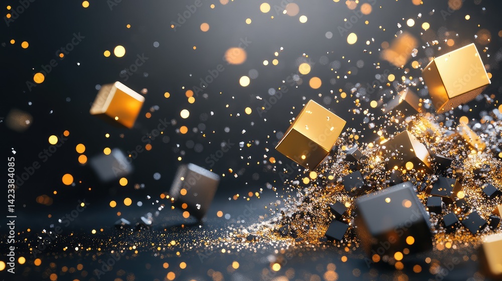 Poster minimalist abstract 3d tech scene with scattered metallic fragments and particle lights on black