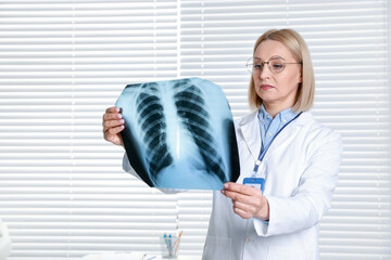 Doctor examining chest x-ray in clinic, space for text