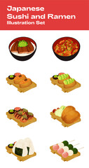 A colorful and tasty illustration of ramen and sushi traditional Japanese food