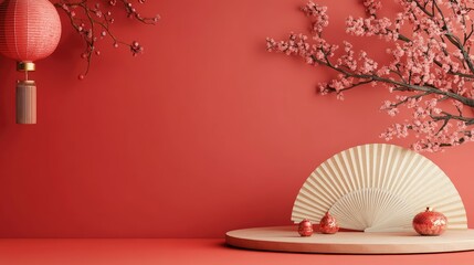 Minimal red CNY background with podium, lanterns, and hand fan for festive product display