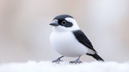 Close-up of a small bird, black and white plumage, perched on soft white ground