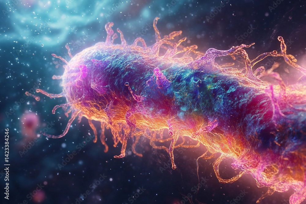 Poster generative ai representation of interconnected cellular structures with glowing highlights in vivid 