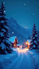 Naklejka premium Heavy snowfall on charming village, magical winter night, moonlight, charming, magic