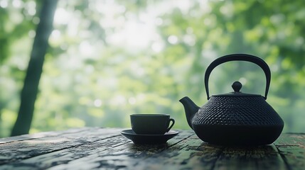 Black iron teapot and tea cup on wooden table with green trees and soft natural background, representing traditional tea culture, product photography, peaceful outdoor setting, and high-definition