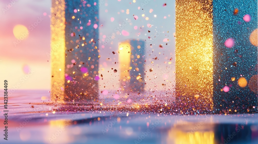 Poster techno-minimalist scene with 3d metallic rectangles and softly glowing digital dust