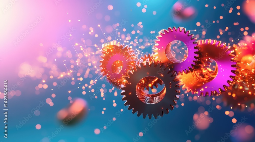 Poster technology concept featuring mechanical gears merging with data points and glowing lines