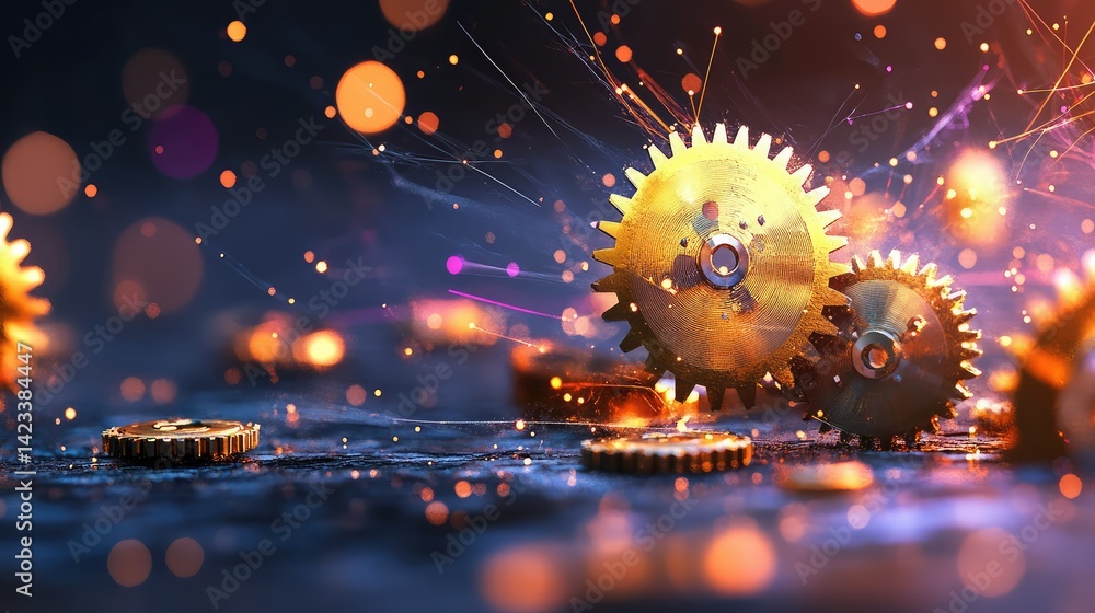 Poster technology concept featuring mechanical gears merging with data points and glowing lines