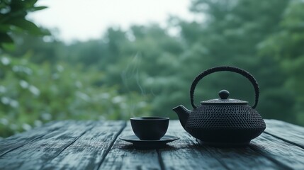 Black iron teapot and tea cup on wooden table with green trees and soft natural background, representing traditional tea culture, product photography, peaceful outdoor setting, and high-definition