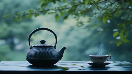 Black iron teapot and tea cup on wooden table with green trees and soft natural background, representing traditional tea culture, product photography, peaceful outdoor setting, and high-definition