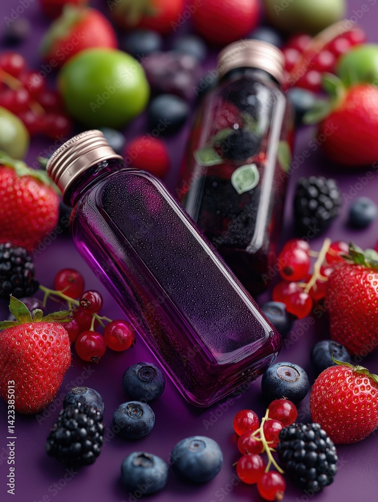 Poster two stylish bottles surrounded by an array of fresh berries and fruits, showcasing vibrant colors an