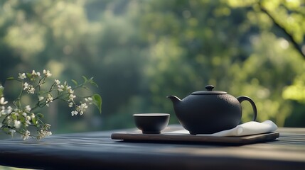 Black iron teapot and tea cup on wooden table with green trees and soft natural background, representing traditional tea culture, product photography, peaceful outdoor setting, and high-definition