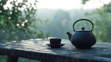 Black iron teapot and tea cup on wooden table with green trees and soft natural background, representing traditional tea culture, product photography, peaceful outdoor setting, and high-definition