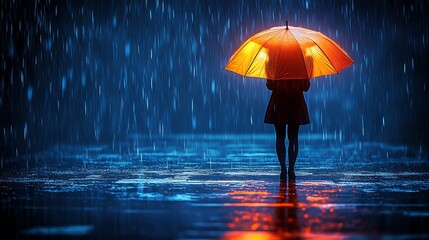 Solitary figure beneath vibrant umbrella during night rainfall with reflections.
